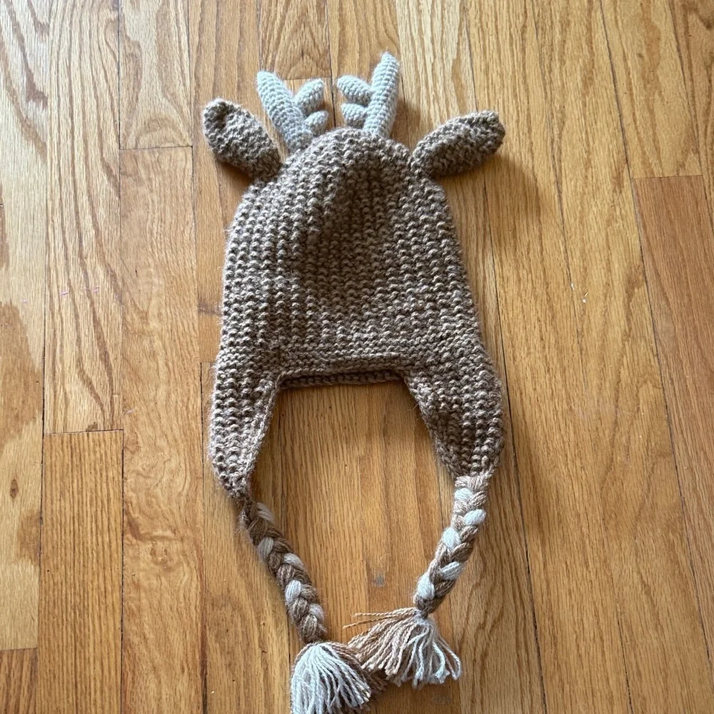 Andes Gifts sz 4-6 acrylic/alpaca Crocheted Deer Earflap Hat Antlers brown